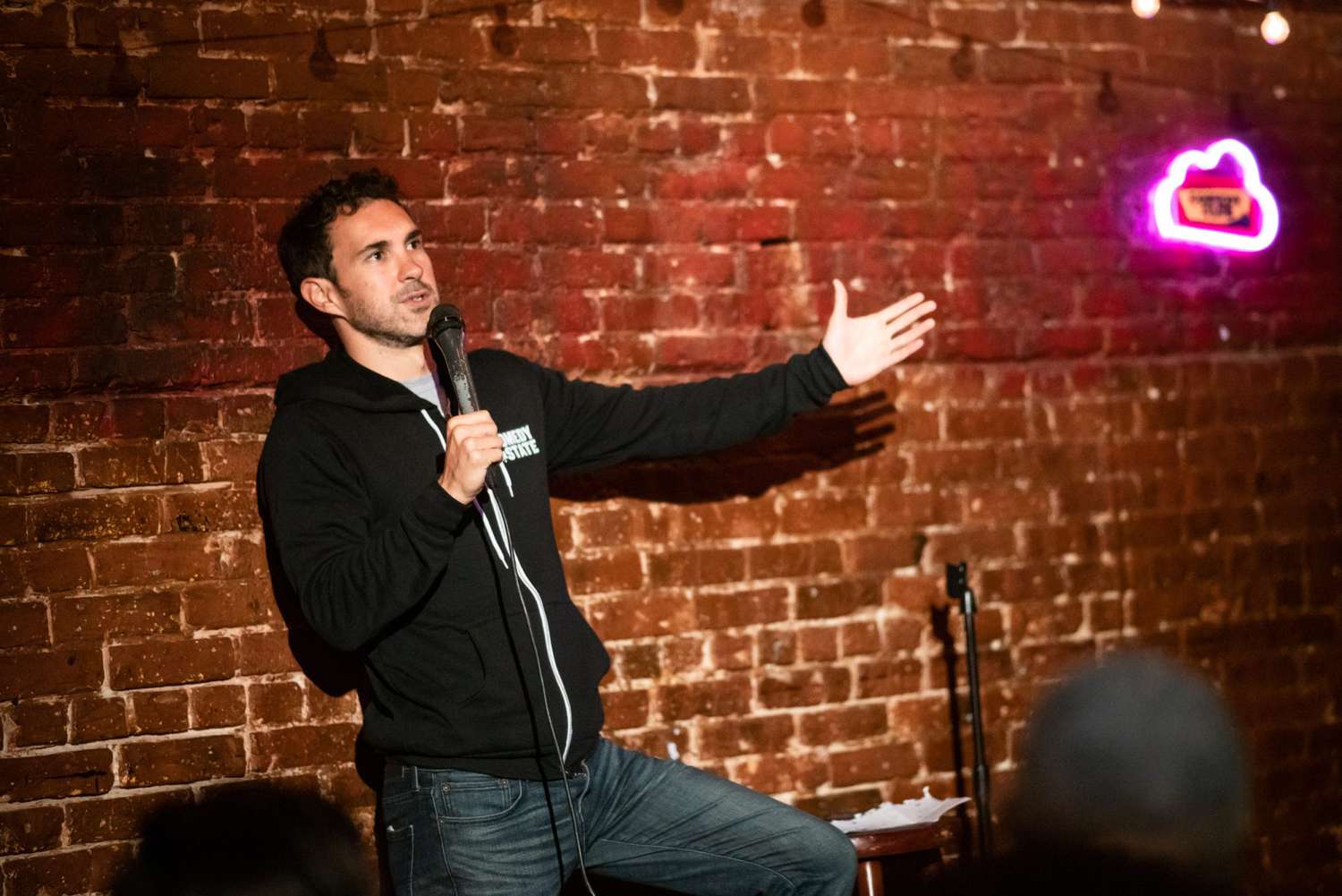 <p>Y al que captamos muy inspirado fue al comediante Mark Normand en el escenario del St. Mark's Comedy Club de Nueva York. ¿Estaría alabando los deliciosos platos vegetarianos del local que maneja el colombiano Alex Carabaño? </p>
                            