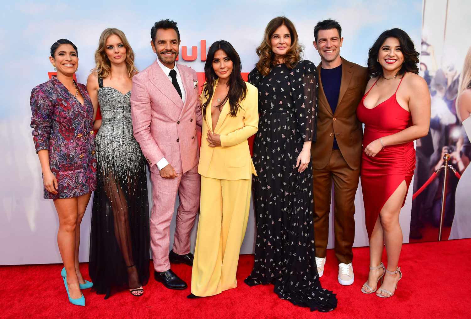 Diany Rodriguez, Samara Weaving, Eugenio Derbez, Marisol Nichols, Betsy Brandt, Max Greenfield and Noemi Gonzalez attend Hulus "The Valet" premiere at the Montalban theatre in Hollywood, California, May 11, 2022.