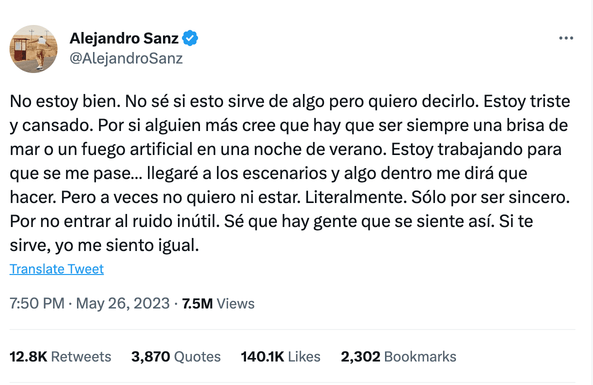 Qué le pasa a Alejandro Sanz? Su mensaje preocupa a fans: "No estoy bien" | People en Español