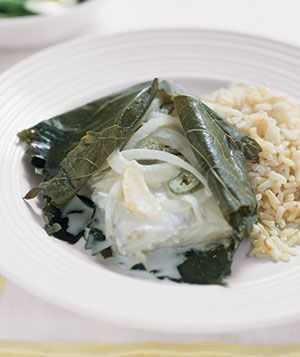 Halibut Wrapped in Grape Leaves 
