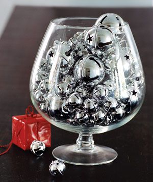 Christmas decoration ideas - Brandy snifter filled with silver bells
