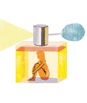 Illustration of a woman inside a perfume bottle
