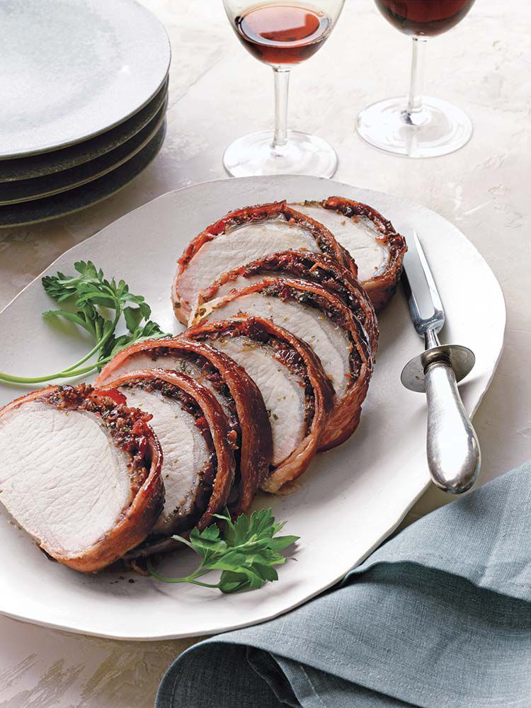 Bacon-Wrapped Pork Loin With Cherries 