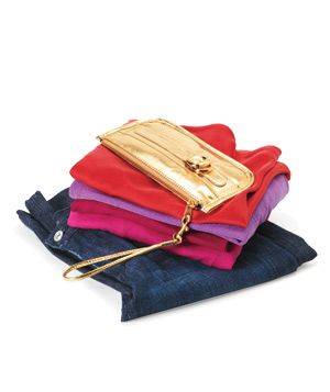 Denim jeans, t-shirts, gold purse