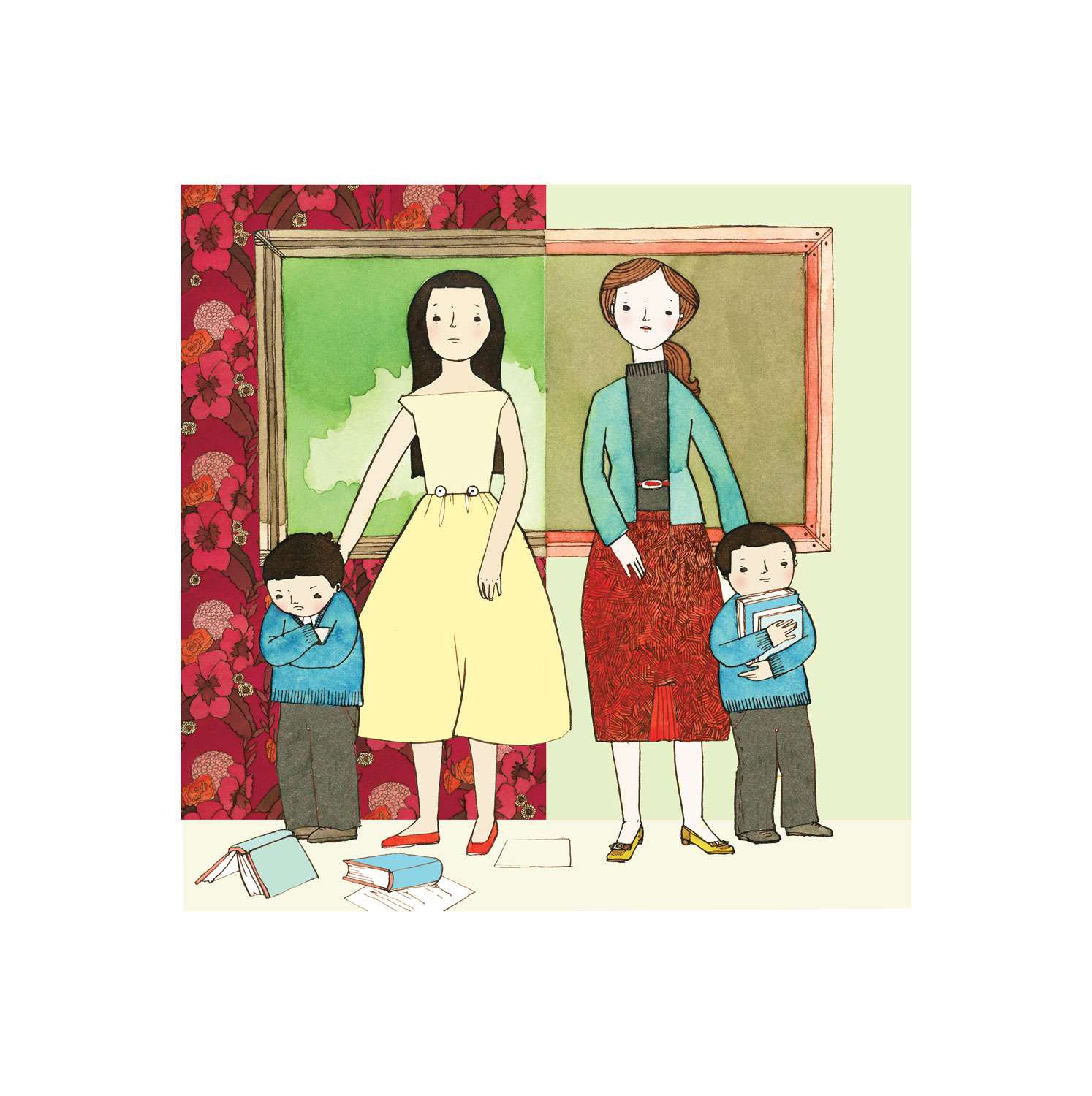 Illustration of a mother, a teacher, and children