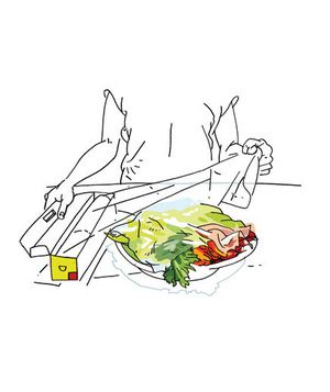 Illustration of a woman wrapping a plate in plastic wrap