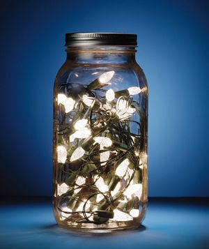 Mason jar filled with battery powered Christmas lights