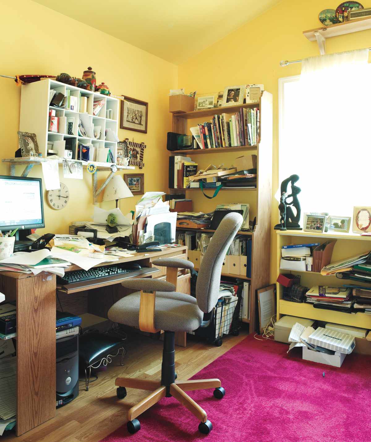 A cluttered home office