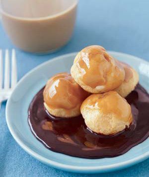 Who cares that these cream puffs aren’t homemade? The combination of caramel and hot fudge sauce is all anyone will notice.