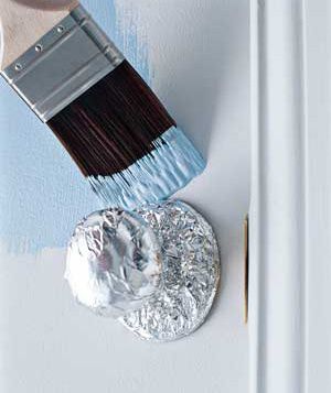 Foil-covered doorknob protected against paint