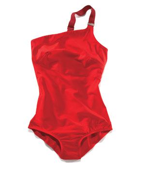Single strap red swimsuit by Mailia Mills