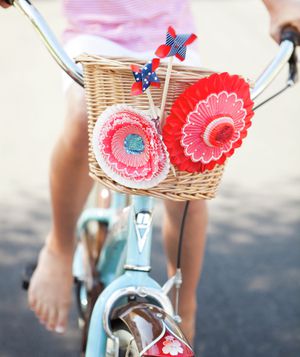 Child's bicycle basket with bright 4th of July decorations