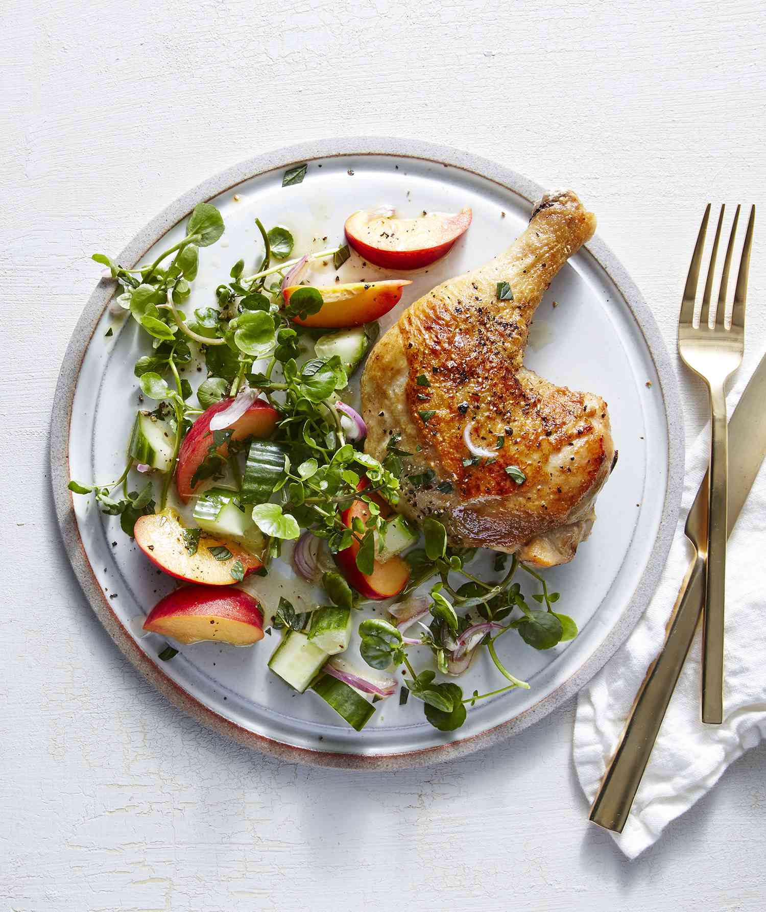 Chicken Legs With Peach, Shallot, and Watercress Salad