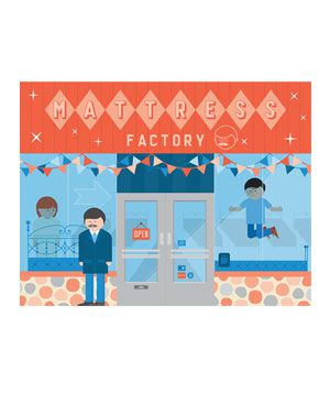 Illustration of man standing outside a store with sign reading Mattress Factory