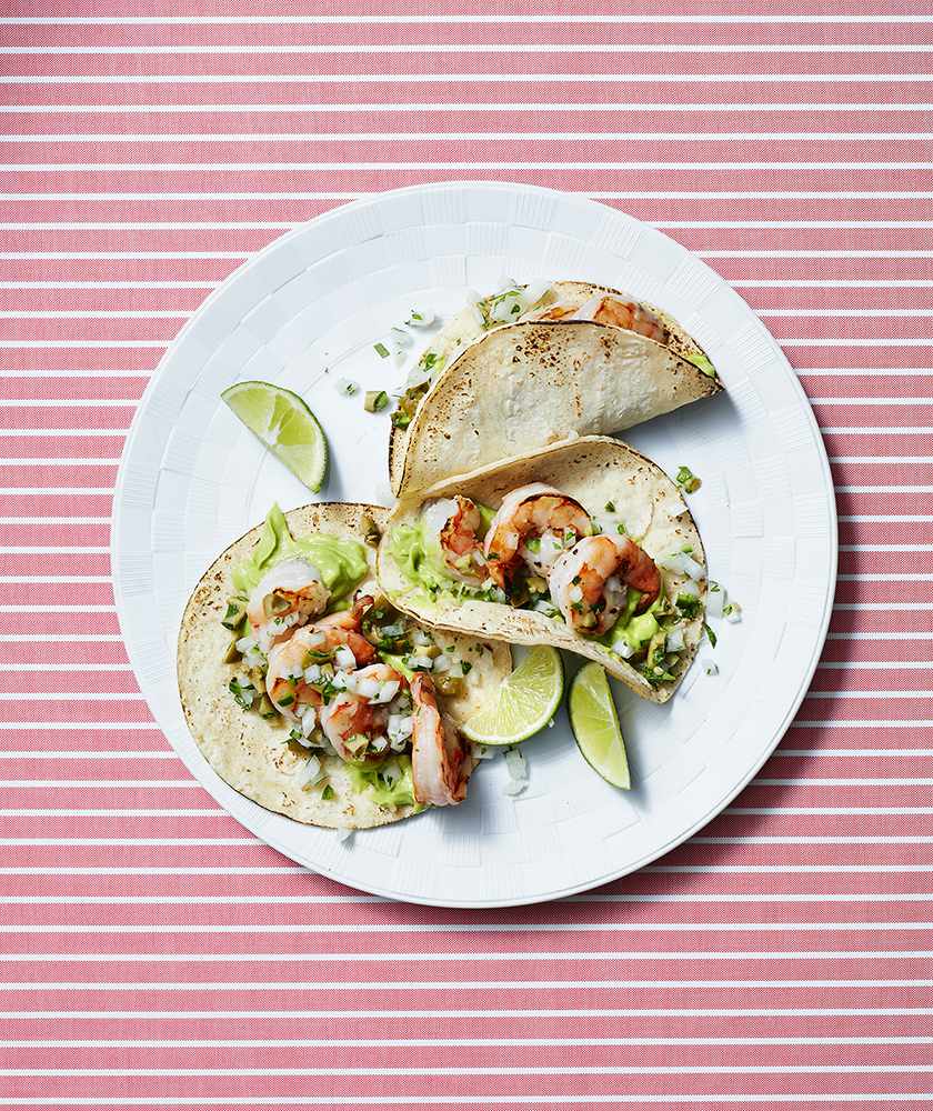 Shrimp Tacos With Guacamole Cream and Olive Salsa 