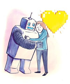 A robot and a girl hugging