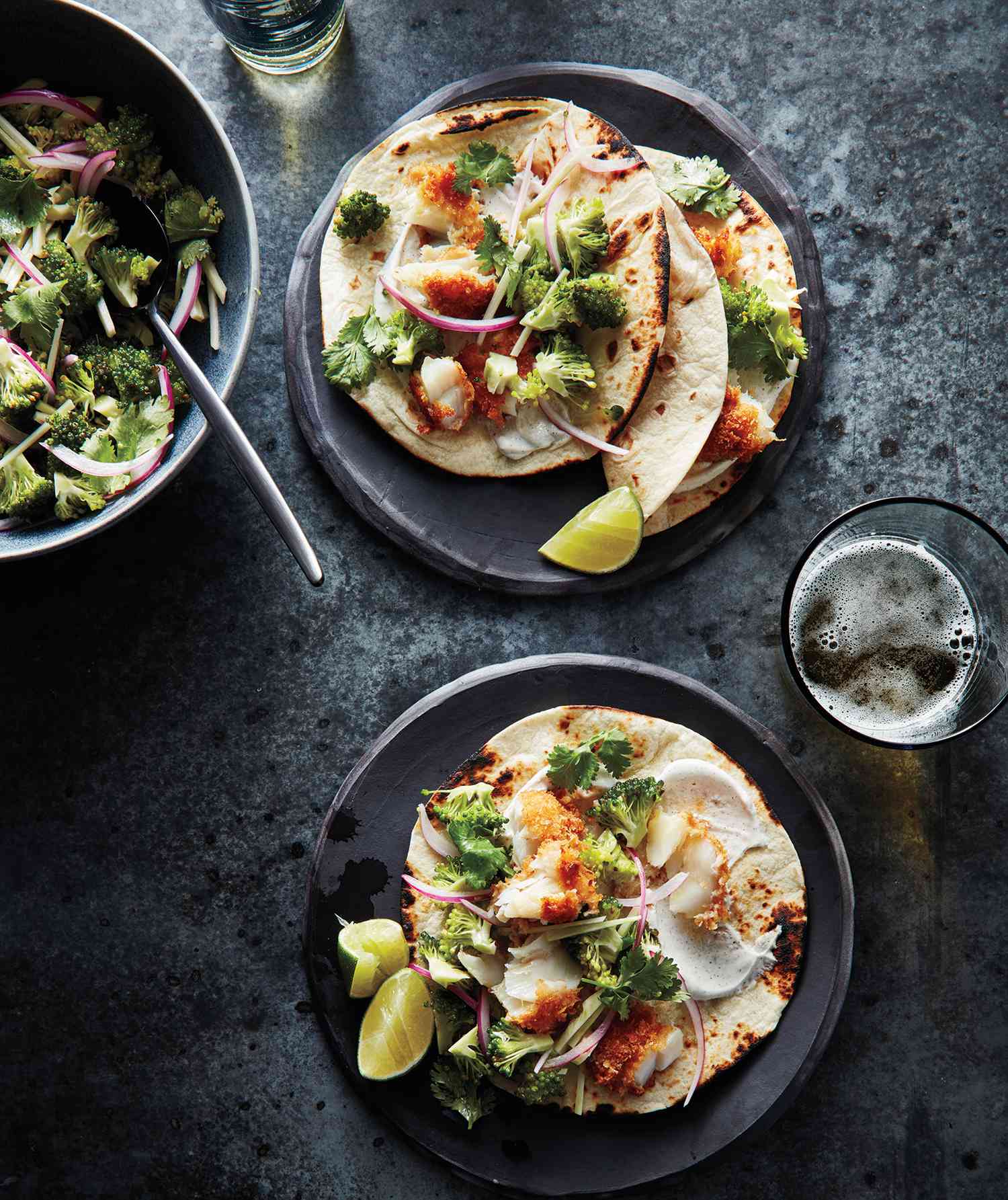 Fish Tacos With Broccoli Slaw and Cumin Sour Cream