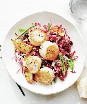 Seared Scallops With Radicchio, Roasted Potatoes, and Snap Peas
