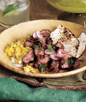 Grilled Steak With Cilantro Sauce and Creamed Corn