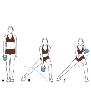 Illustration of lateral lunge and biceps curl kettlebell exercises