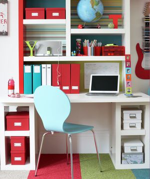 Kid's white, red, light blue work space