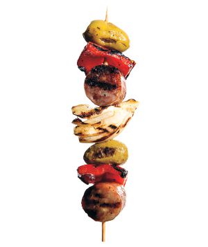 Fennel, Sausage, and Olive Kebabs