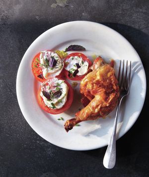 Smoky Butterflied Chicken With Garlic-Mayo Tomatoes and Herbs