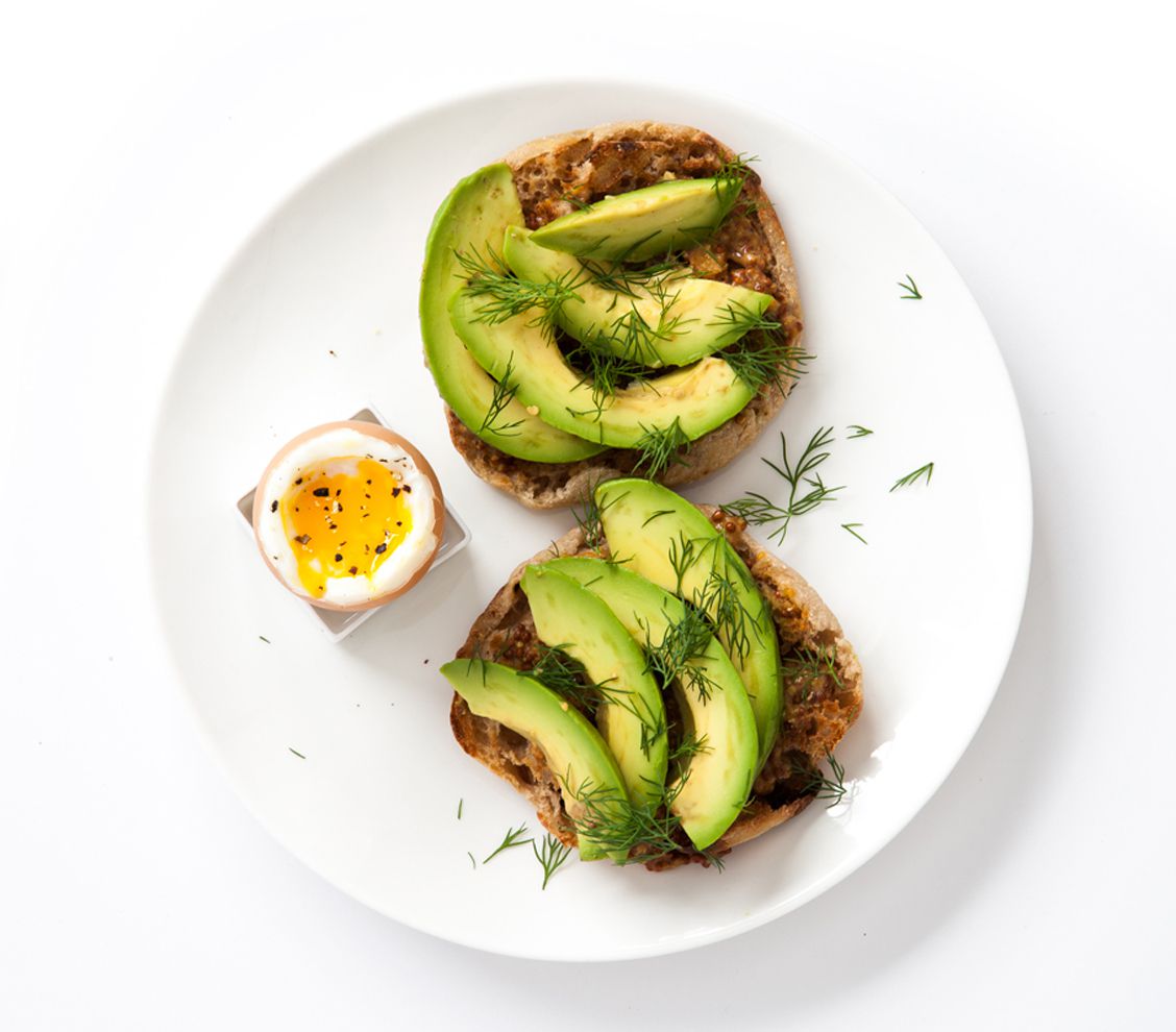 Mustard, Avocado, and Dill on a Whole-Wheat Muffin With Boiled Egg