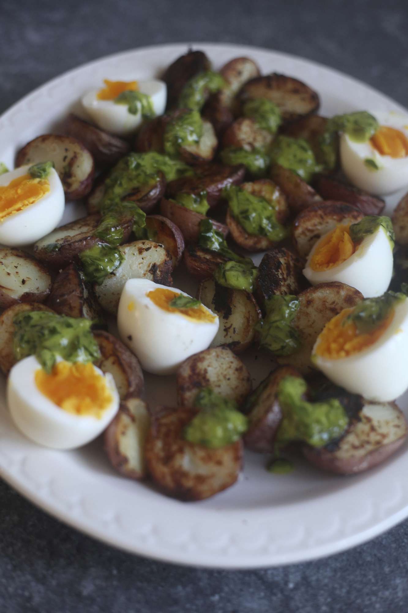 Crispy Potatoes and Soft Cooked Eggs With Herb Dressing 