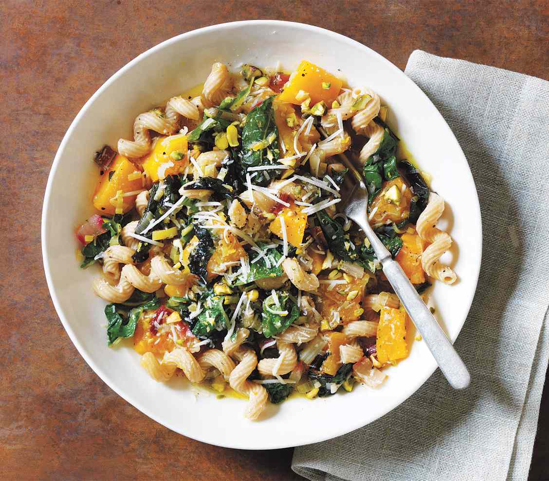 Whole-Wheat Pasta With Braised Squash, Chard, and Pistachios 