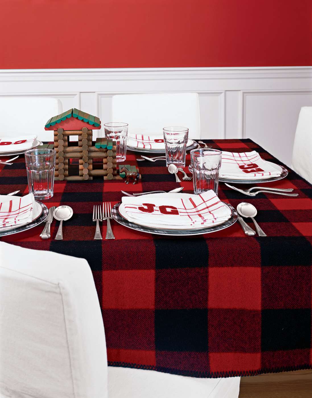 Plaid throw blanket used as a tablecloth