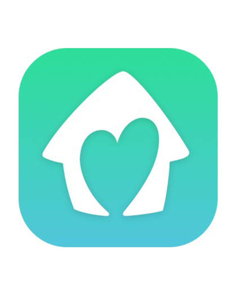 Homey app logo - small white house with heart cut-out set against a sea-blue-green square background