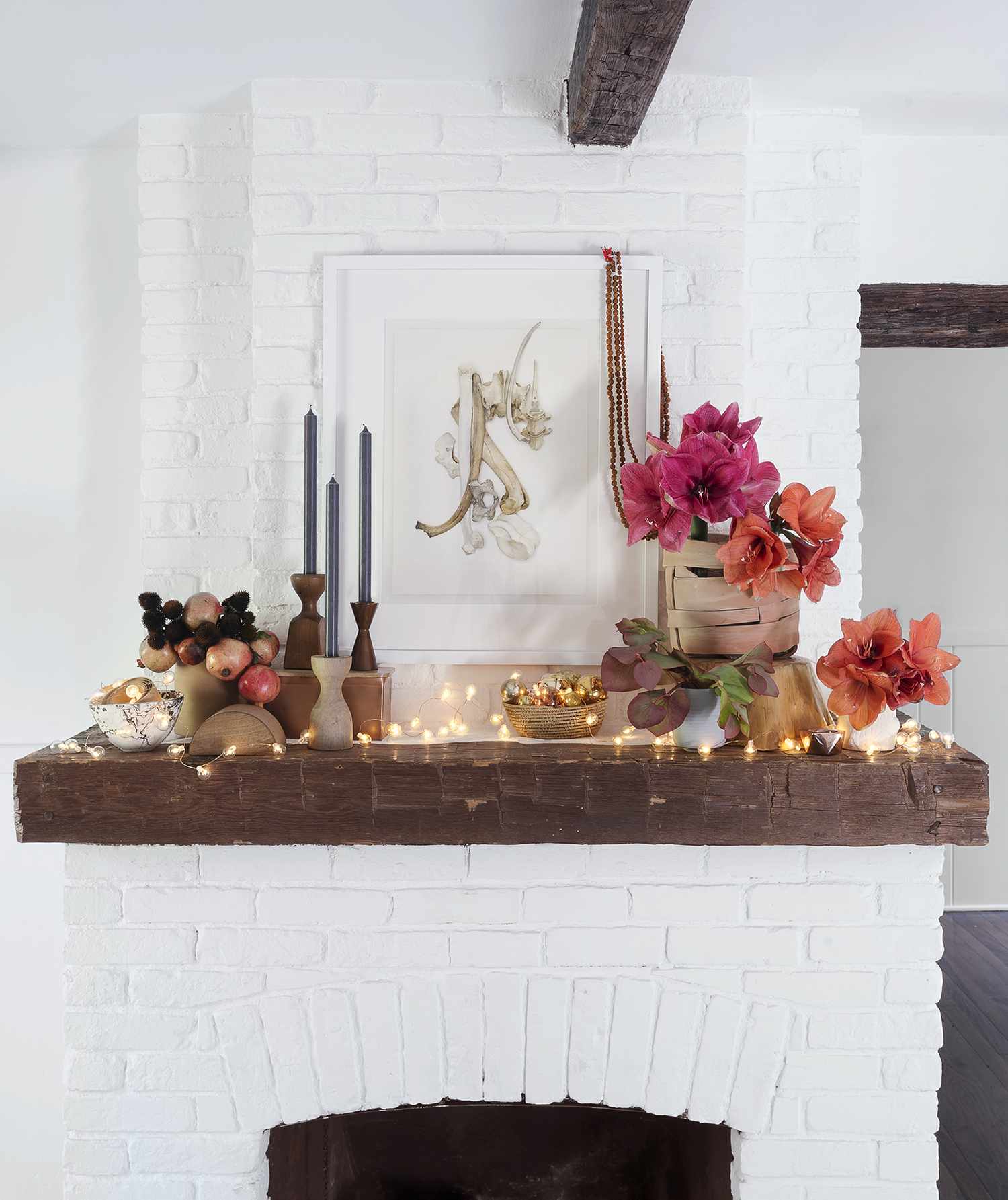 Mantel with floral and holiday decorations