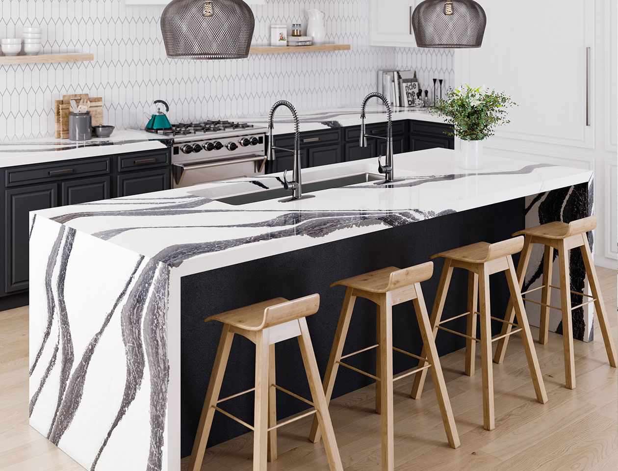 Kitchen Countertop Ideas, Cambria Surfaces black and white kitchen island