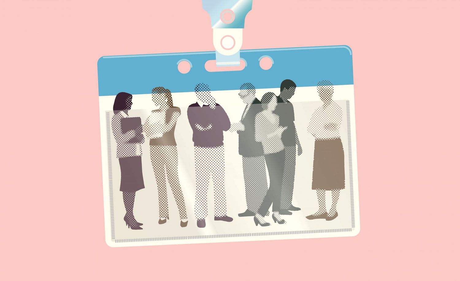 illustration of coworkers talking place on an ID badge on pink background