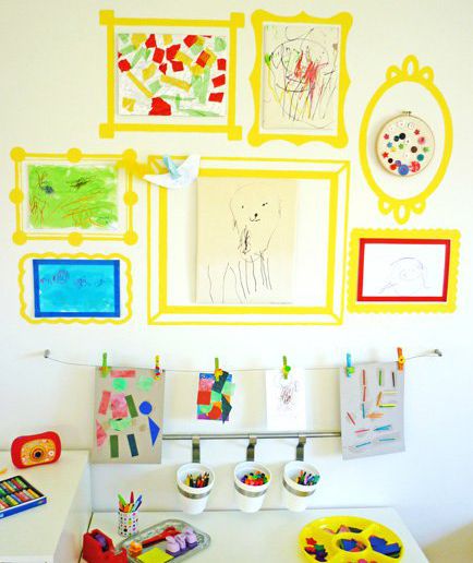 Kids' art on wall with washi tape