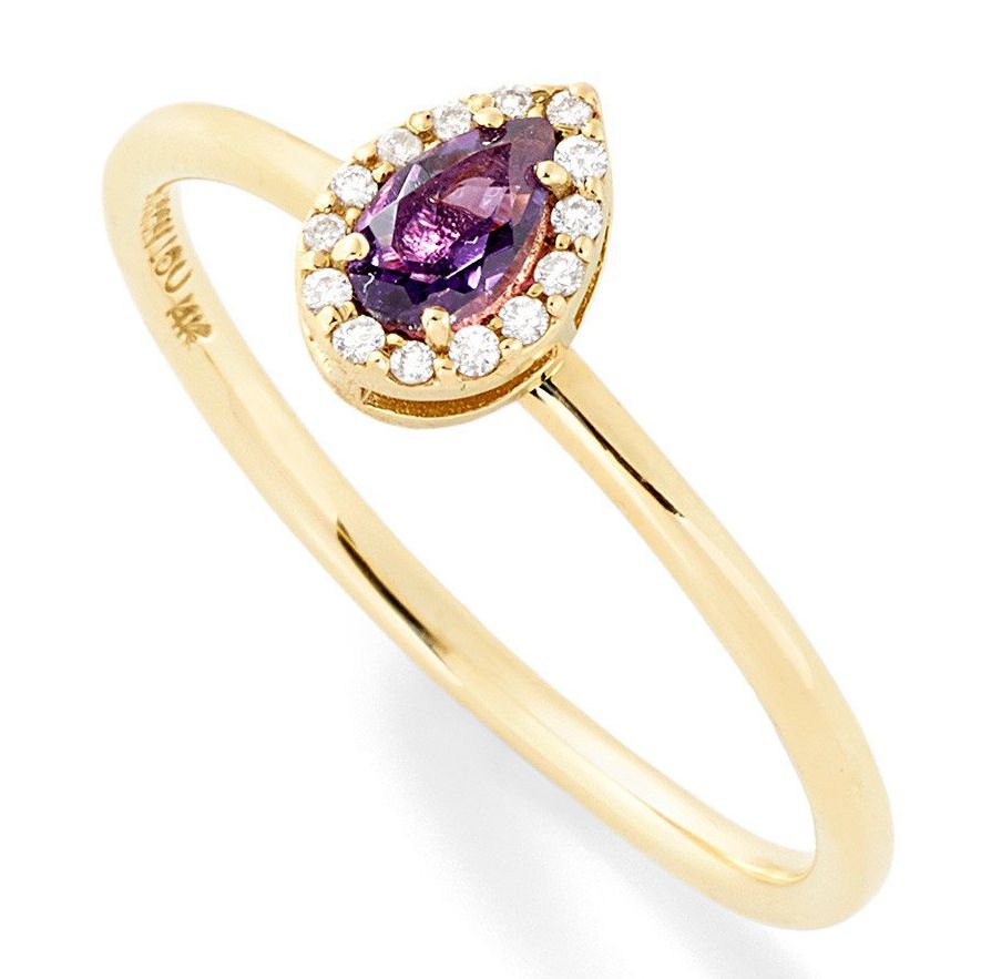 gold engagement ring with amethyst and diamond pear-shaped center stone