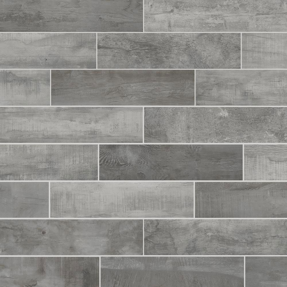 Wind River Grey 6x24 in. Porcelain Floor and Wall Tile, $1.49/sq. ft.; homedepot.com.