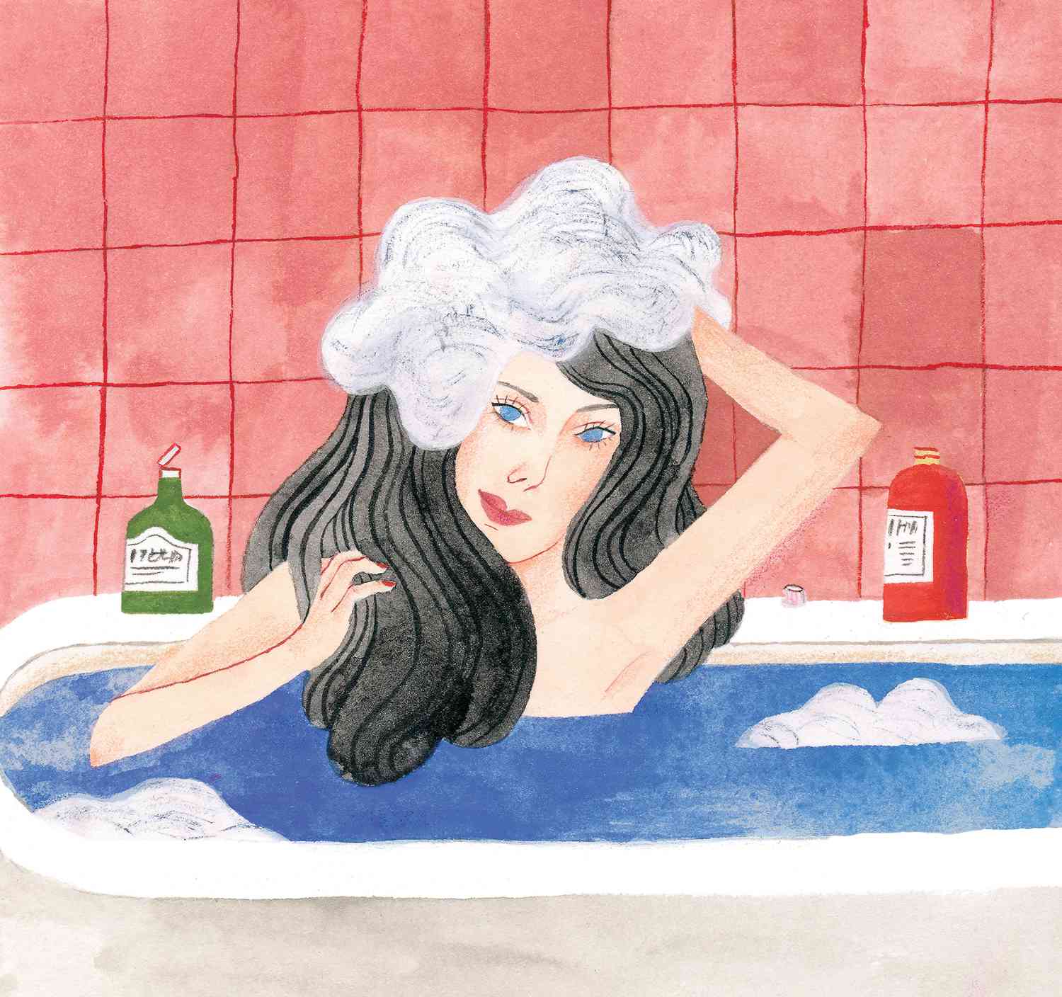 illustration of woman washing her hair in the bath