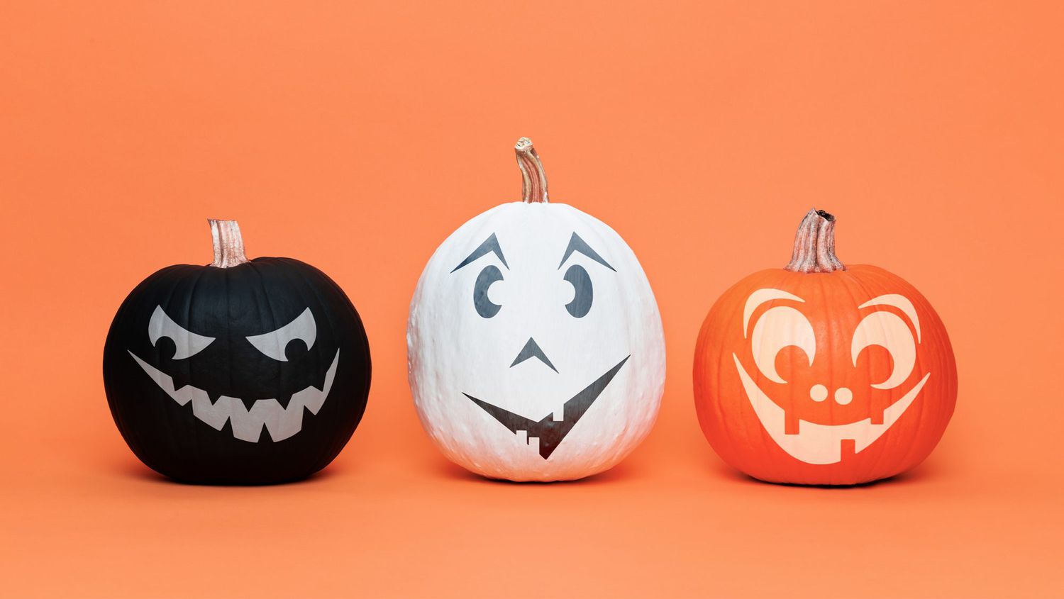 No carve pumpkin ideas - three decorated painted pumpkins