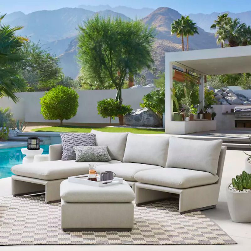 Crate & Barrel, Zuma Outdoor Sectional in gray on patio