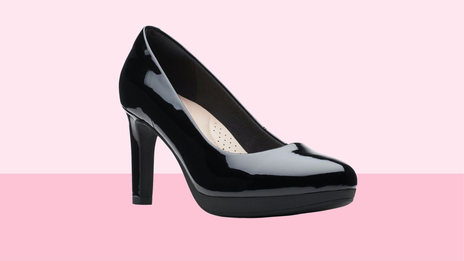 most comfortable heels: Clarks Ambyr Joy Black Patent Heel
