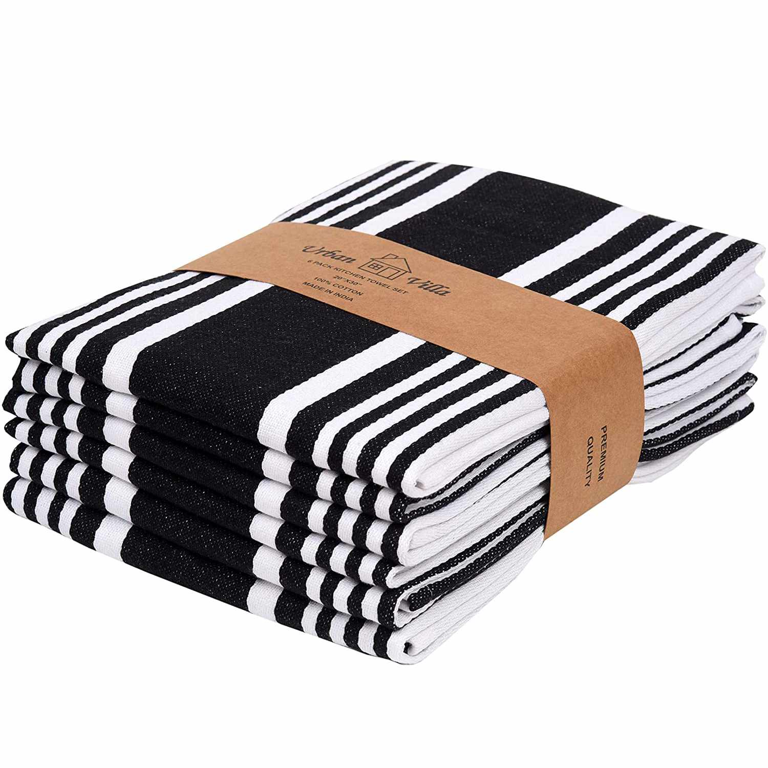 Premium Quality Multi-Color Highly Absorbent Bar Towels & Tea Towels - Urban Villa Kitchen Towels Set of 6 Solid Satin Weave Ultra Soft 100% Cotton Dish Towels, Size: 20X30 Inch