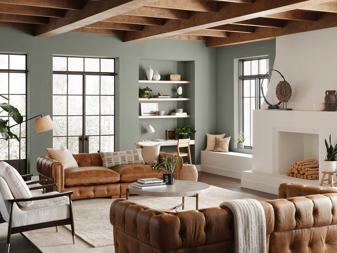 Gray-green paint, Evergreen Fog, in living room with built-in shelves