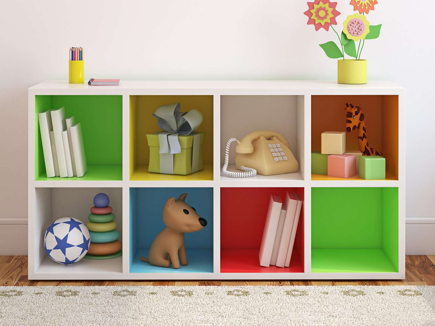 Interior of playroom with storage cubes for toys
