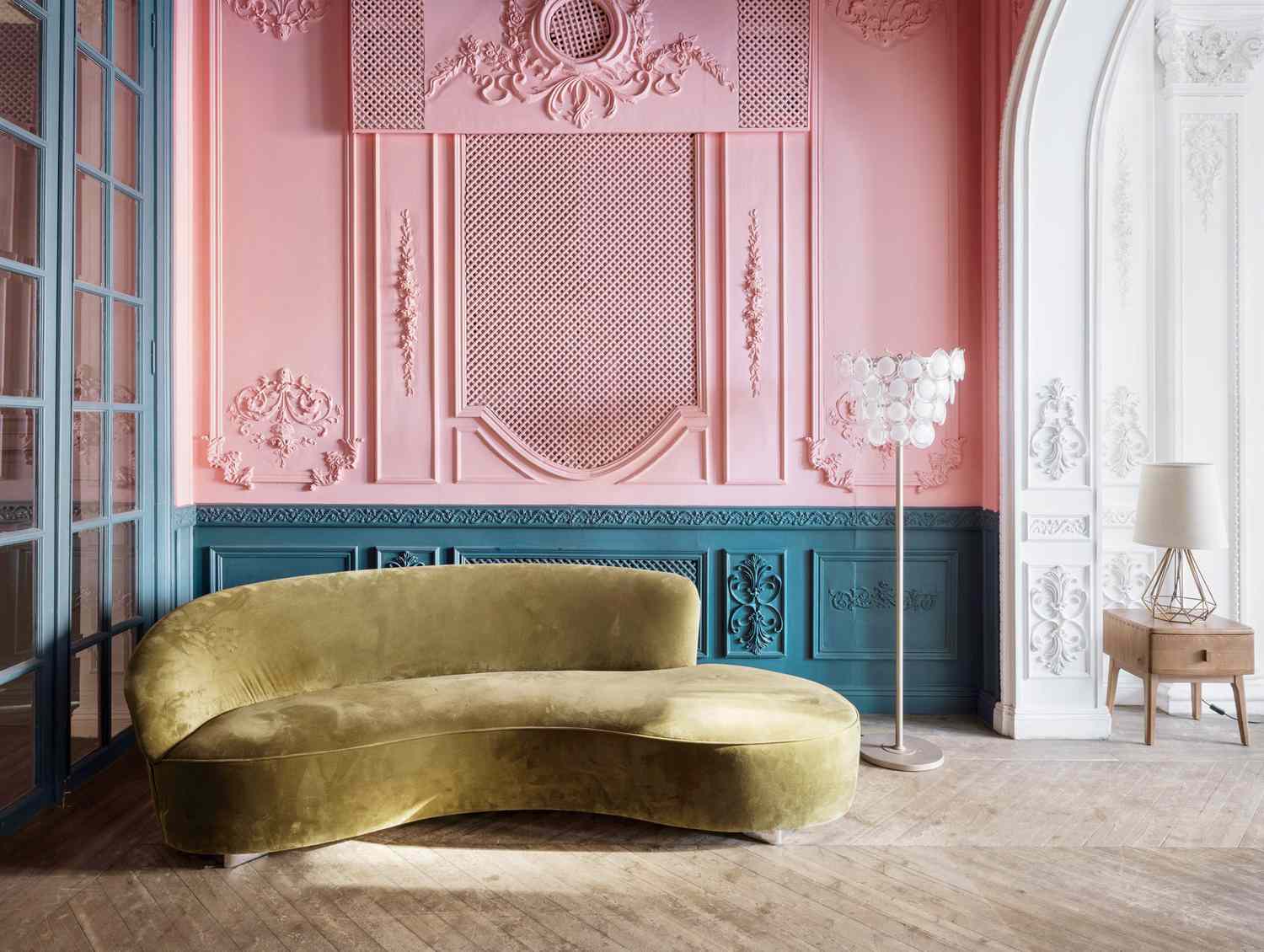pink accent wall in living room