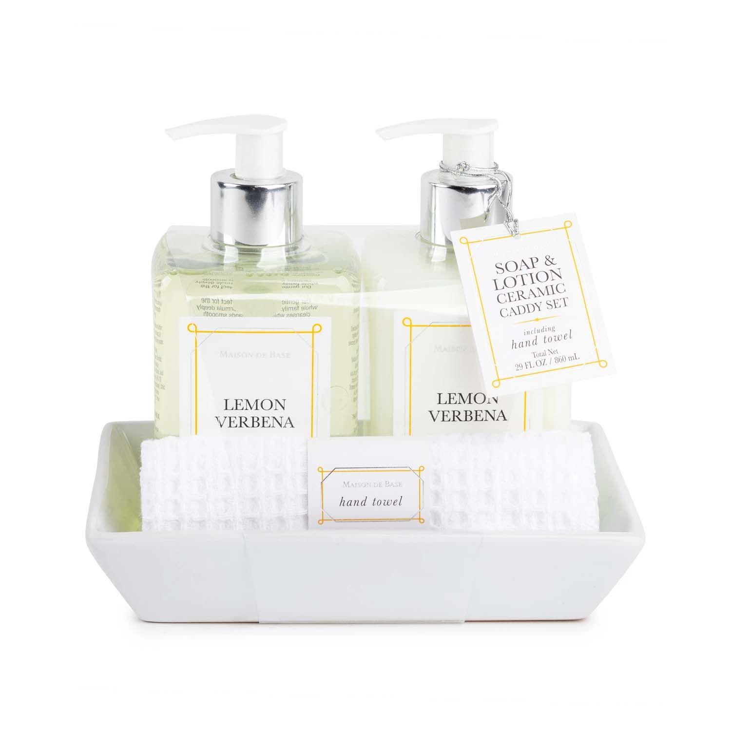 lemon verbena soap and lotion in white bath caddy