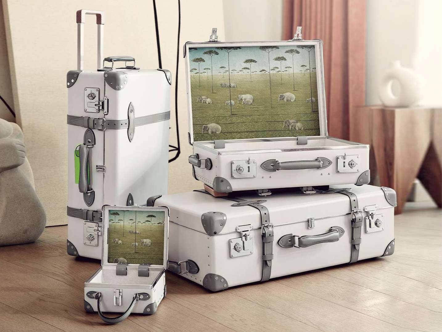 globe trotter suitcases in stack