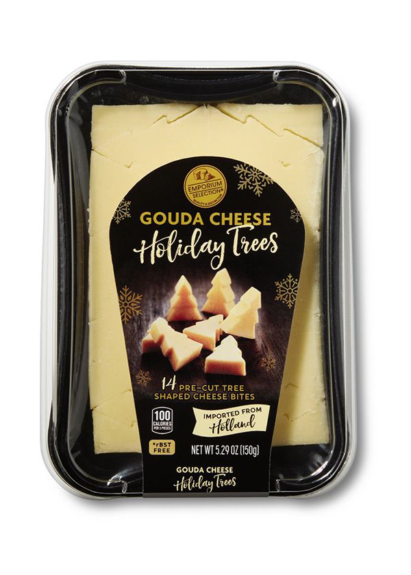 A package of gouda cheese shaped like holiday trees