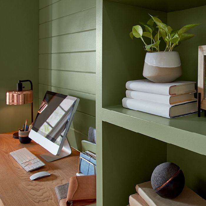 Blanched Thyme Green Paint on Shelves in home office